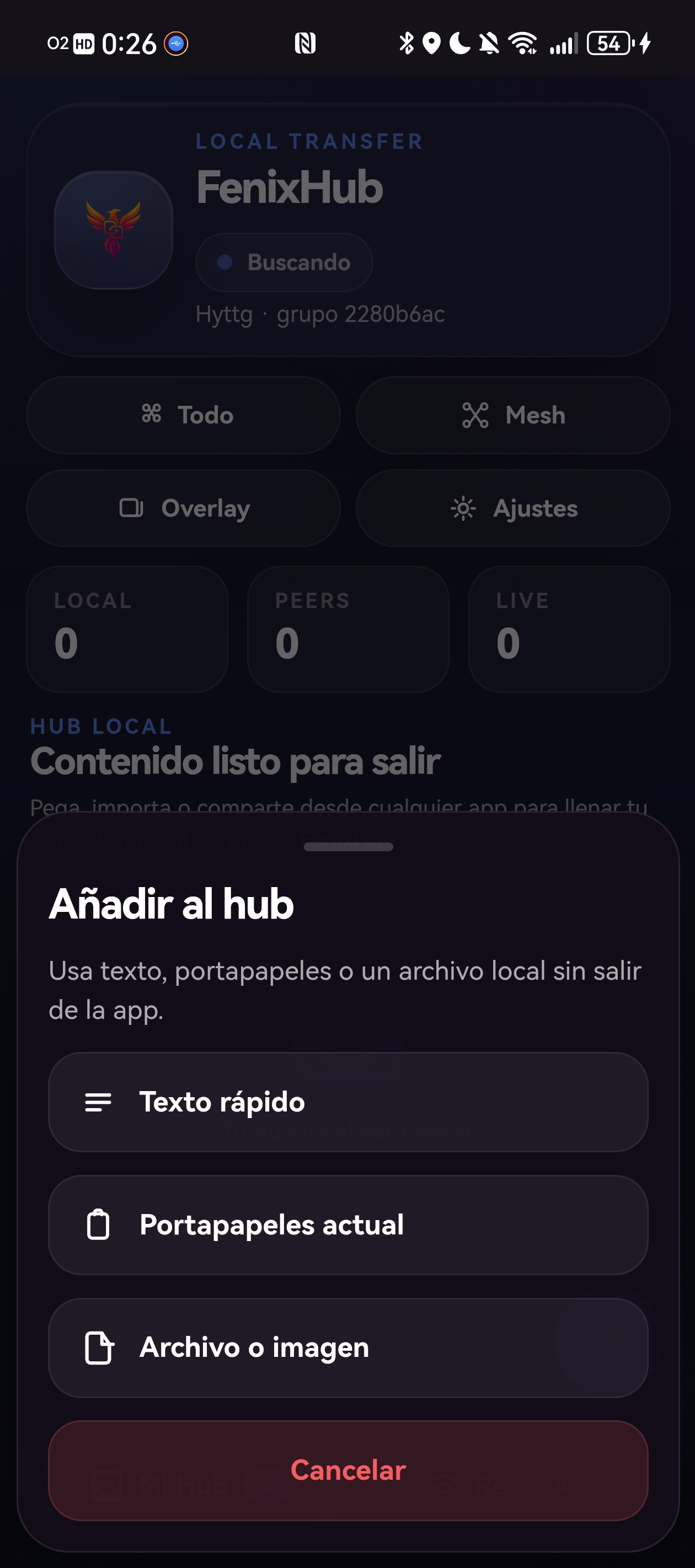 Hoja para añadir contenido al hub en Android