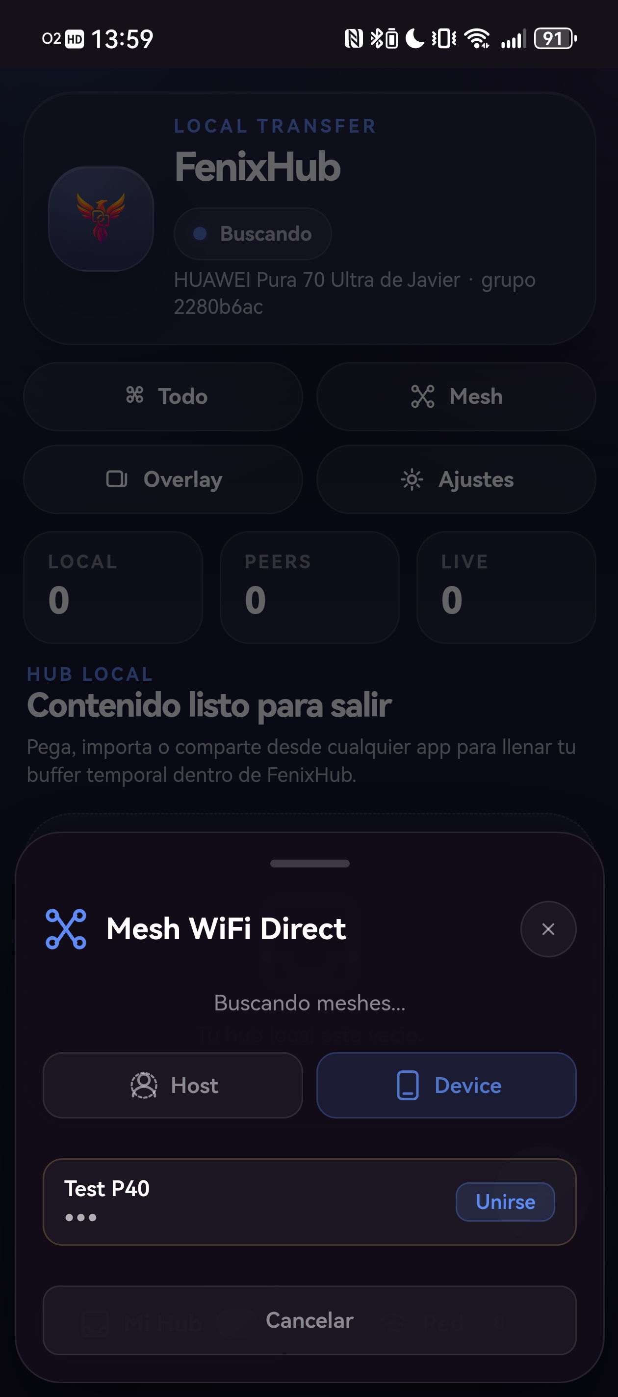 Modo Device buscando meshes y mostrando un botón para unirse