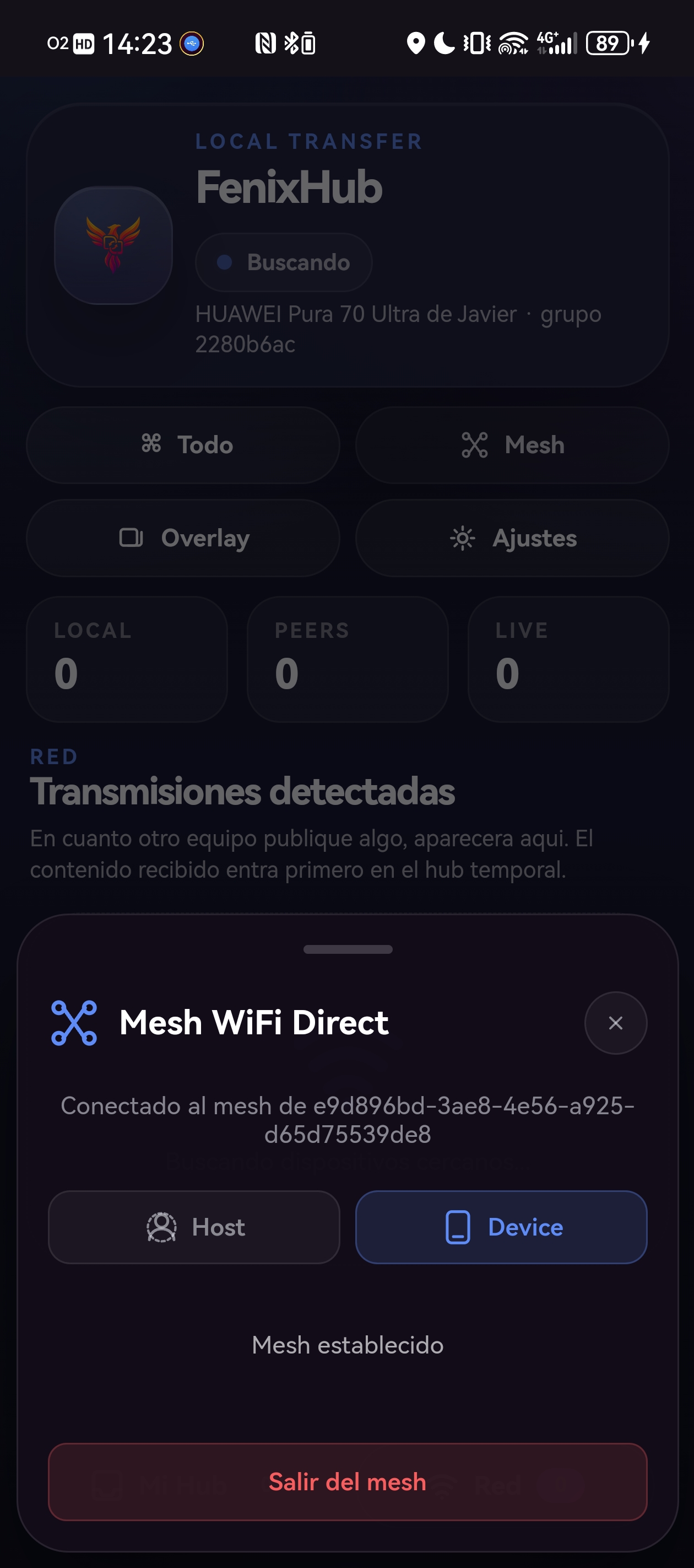 Modo Device conectado a una mesh activa en Android