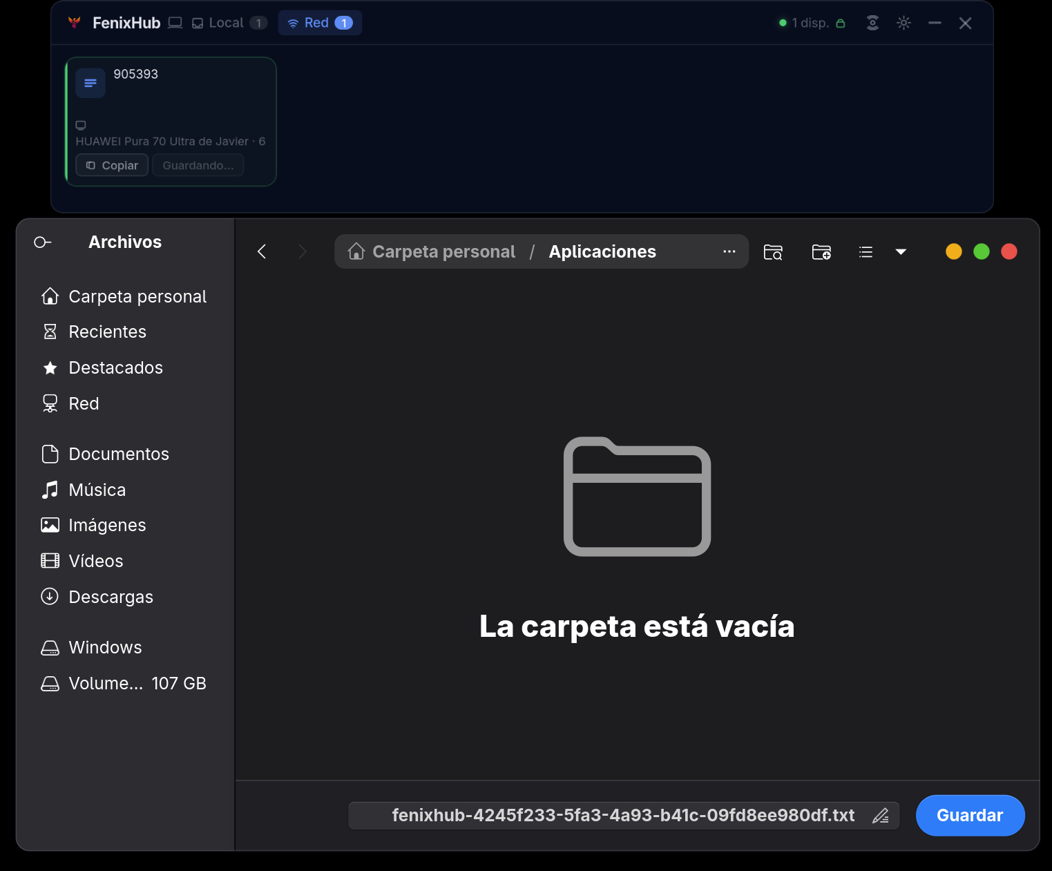 Diálogo de guardado en FenixHub